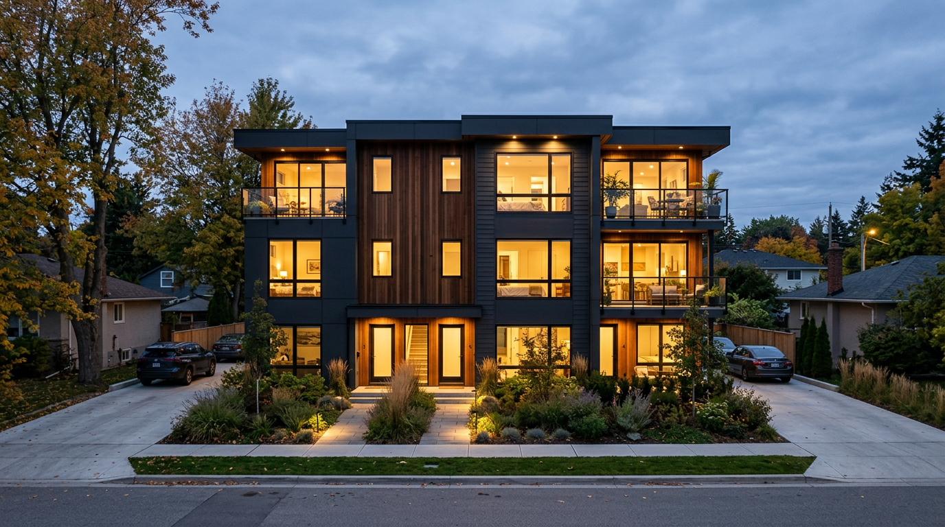 Modern four-unit building at dusk
