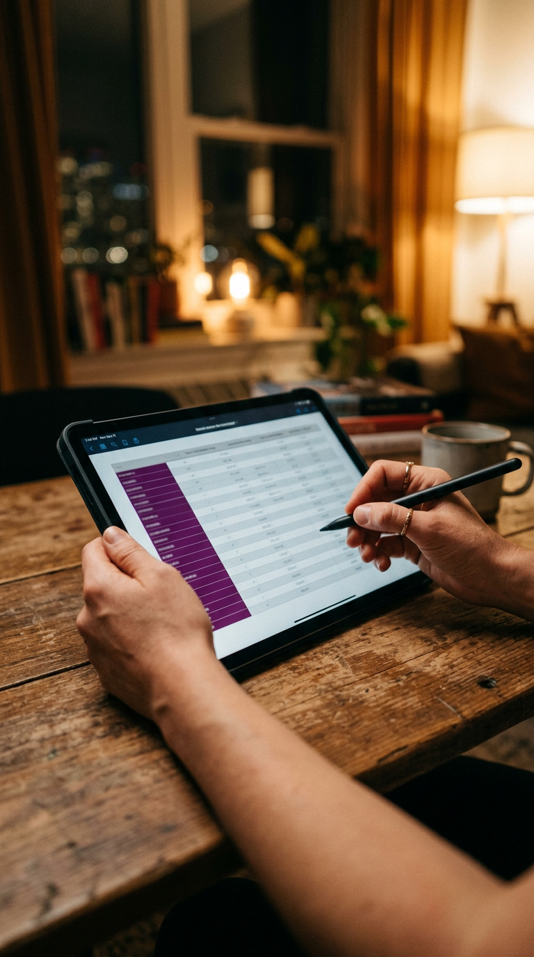 Hands holding a tablet over a wooden table, the screen showing a table of rows with a purple column